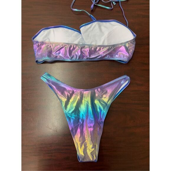 NWOT SHEIN Metallic Blue and Purple Cross over Bikini Set Size Large - Picture 3 of 6